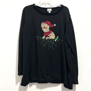 Berek Black Women’s Christmas Dog Sequins Pearls Santa Hat Long Sleeve Blouse